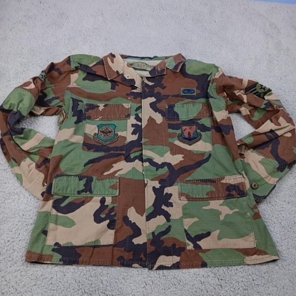 US Air Force BDU Jacket‎ Mens Medium Short Woodland Camo Ripstop Patches Combat